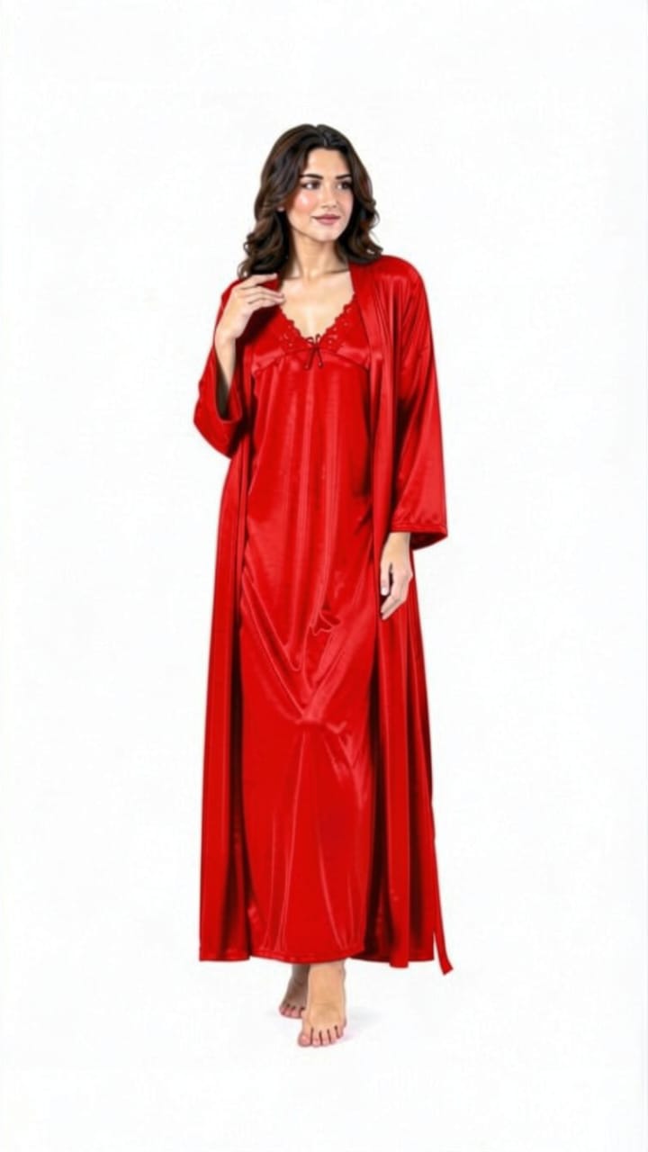 Bridal 2-Piece Long Nightwear Set – Premium Silk with China Net Lace