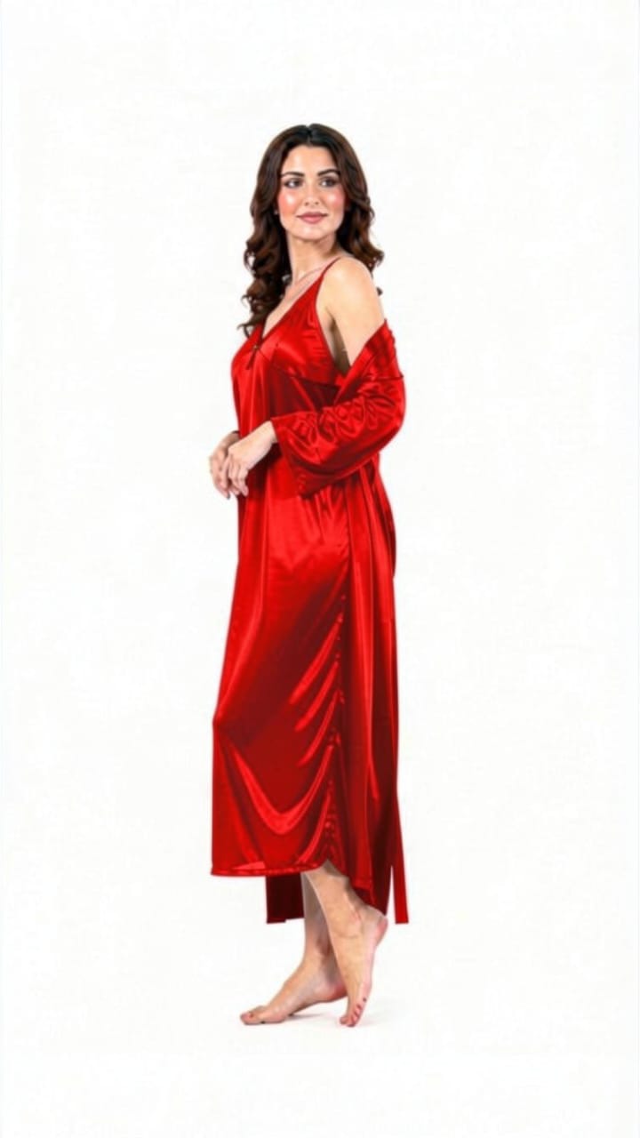 Bridal 2-Piece Long Nightwear Set – Premium Silk with China Net Lace