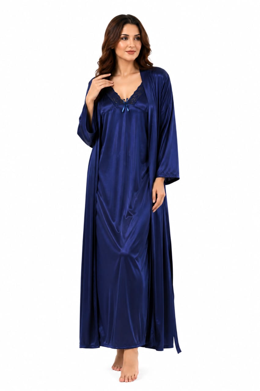 Bridal 2-Piece Long Nightwear Set – Premium Silk with China Net Lace
