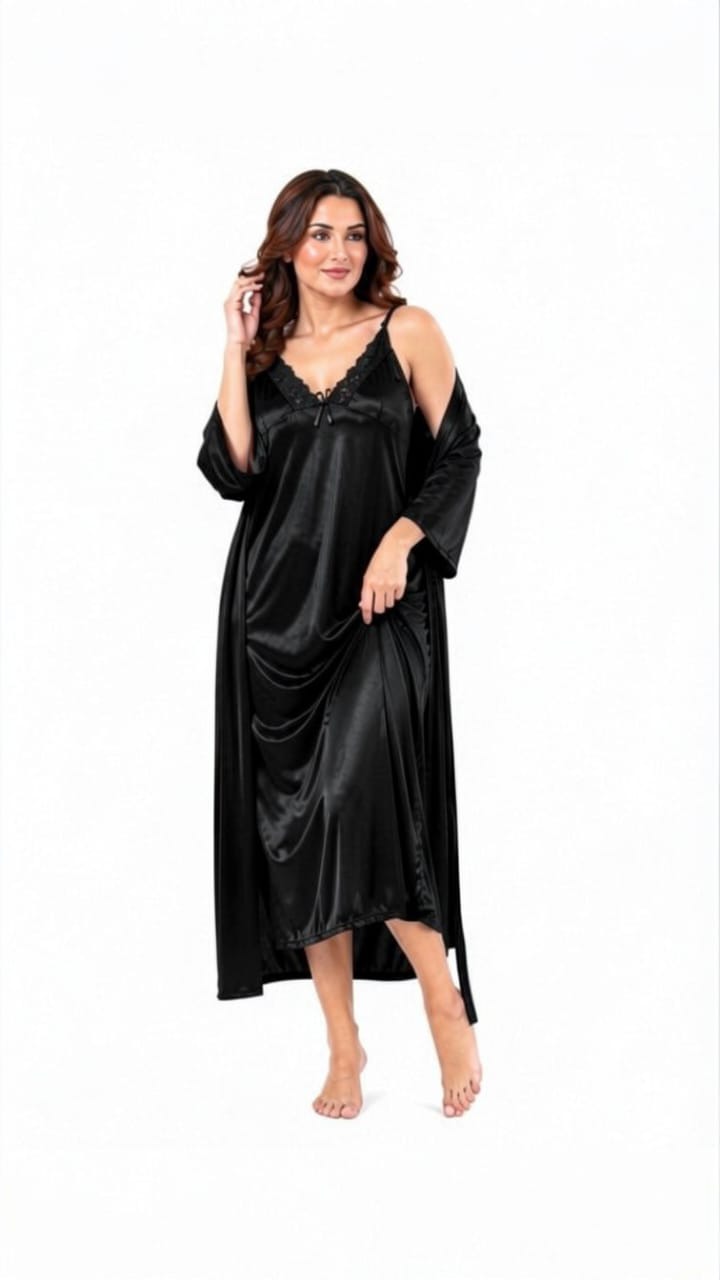 Bridal 2-Piece Long Nightwear Set – Premium Silk with China Net Lace