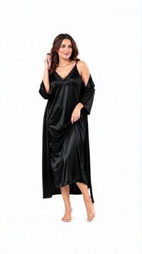 Bridal 2-Piece Long Nightwear Set – Premium Silk with China Net Lace