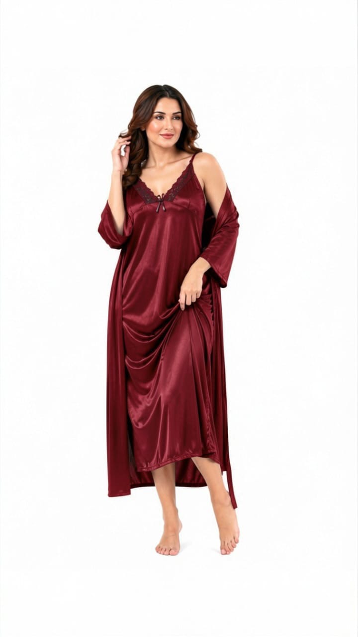 Bridal 2-Piece Long Nightwear Set – Premium Silk with China Net Lace