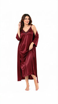 Bridal 2-Piece Long Nightwear Set – Premium Silk with China Net Lace