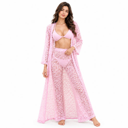 3 Pcs Sheer Nightwear Set – Transparent Trouser, Coat & Matching Bikini