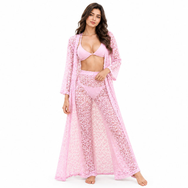 3 Pcs Sheer Nightwear Set – Transparent Trouser, Coat & Matching Bikini